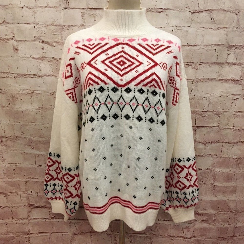 St John's Bay Womens Ivory Nordic Pattern Sweater Mock Neck Size Large NEW